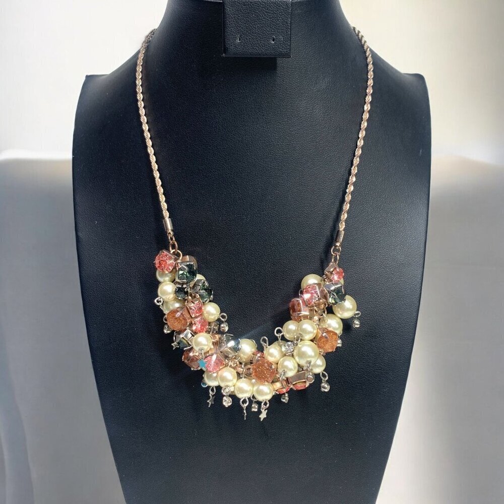 Betsey Johnson Pearl Beaded Cluster Necklace Rose Gold Adjustable Chain 18"L